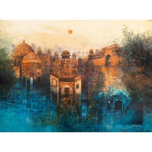 A. Q. Arif, Golden Mirage on Blue, 36 x 48 Inch, Oil on Canvas, Cityscape Painting, AC-AQ-233